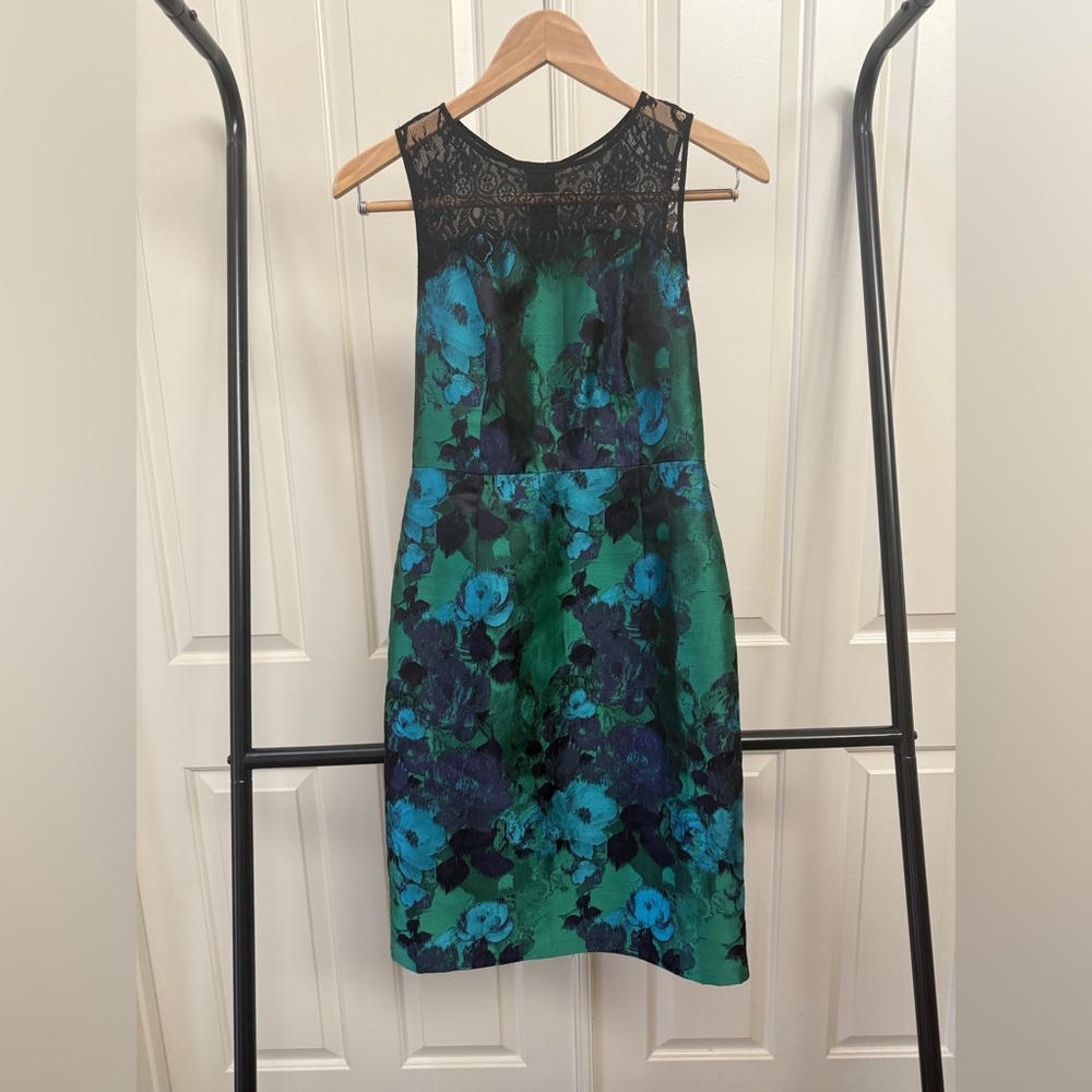 Anthropologie Leifsdottir Green Blue Satin Floral Lace Panel Shift Dress 4